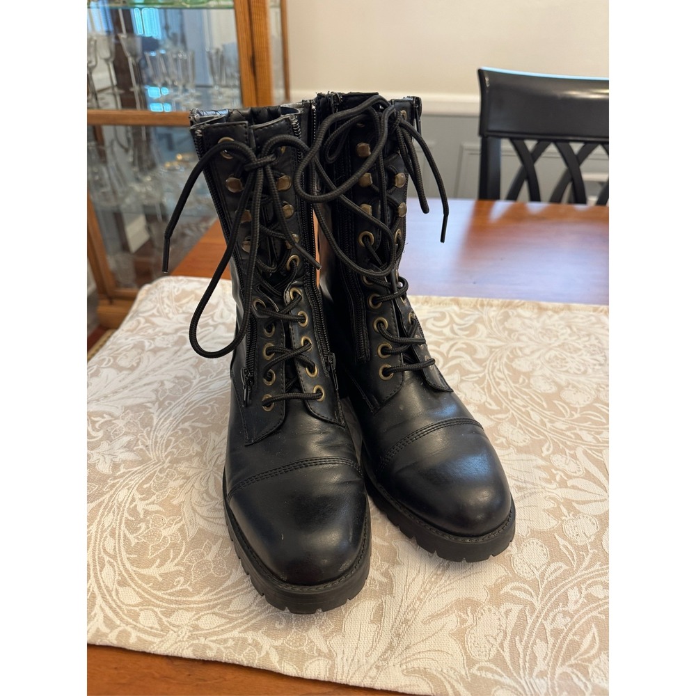 Women's Black Combat Boots Round Toe Lace Up Side Zipper Lug Sole Size 9M